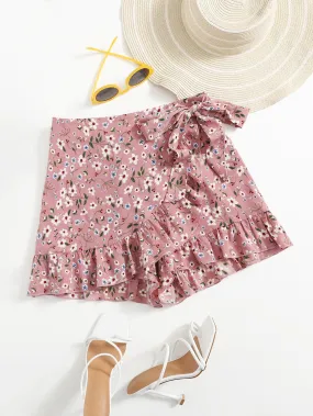 Boho Ditsy Floral Wrap Natural Women Shorts