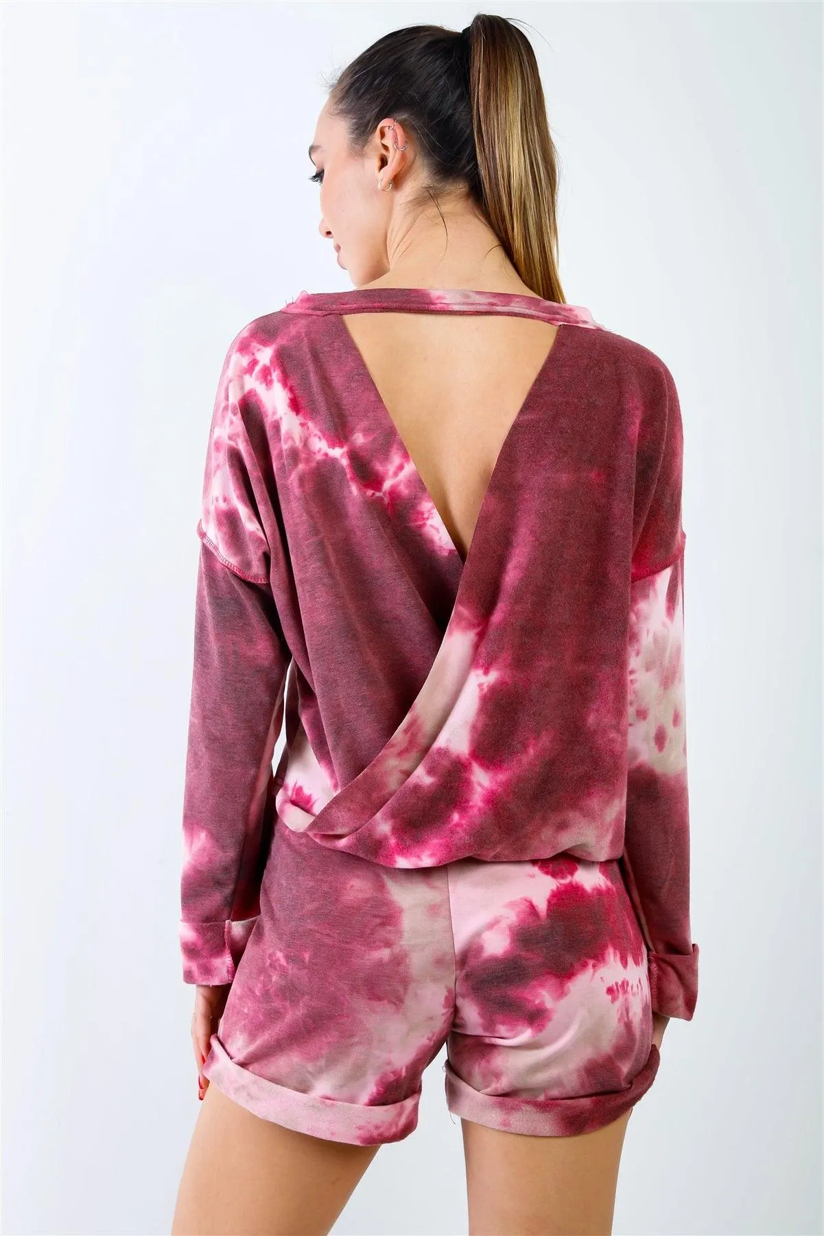 Wine & Sand Tie-Dye Inside Out Wrap Open Back Sweatshirt & High Waist Shorts Set /3-2-1